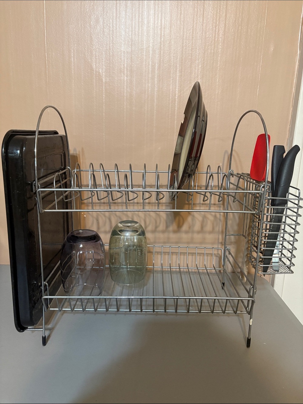 2-Tier Stainless Steel Dish Drying Rack with Utensil Holder - Silver
